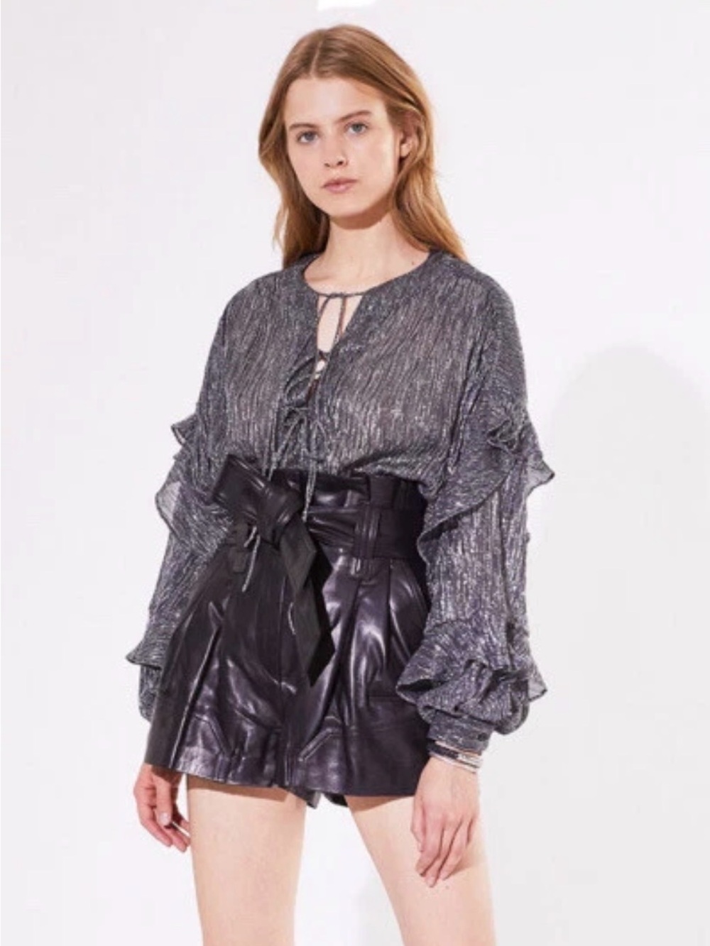 IRO Trivia Metallic Silver Pleated Ruffle Blouse luxury boho size 34/ XS